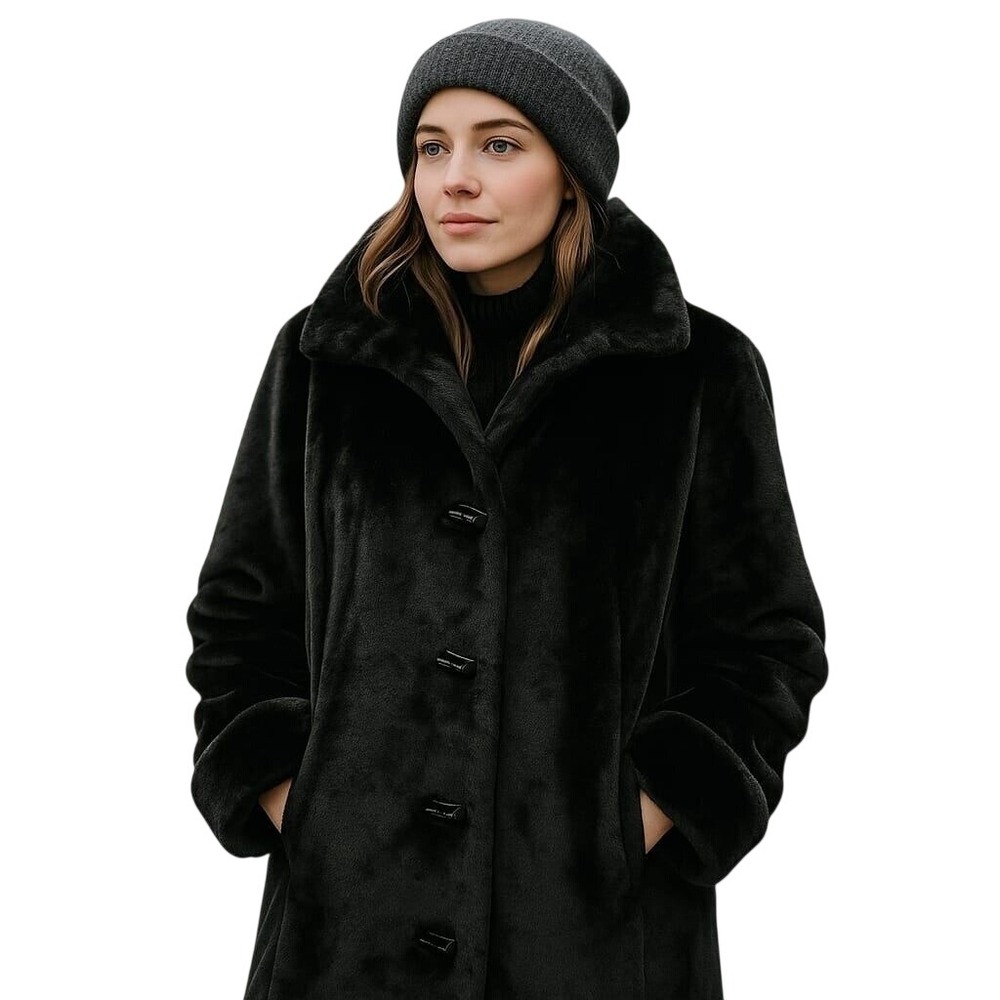 Utex Black Reversible Faux Fur Trim Winter Coat High Collar and Button Closure L